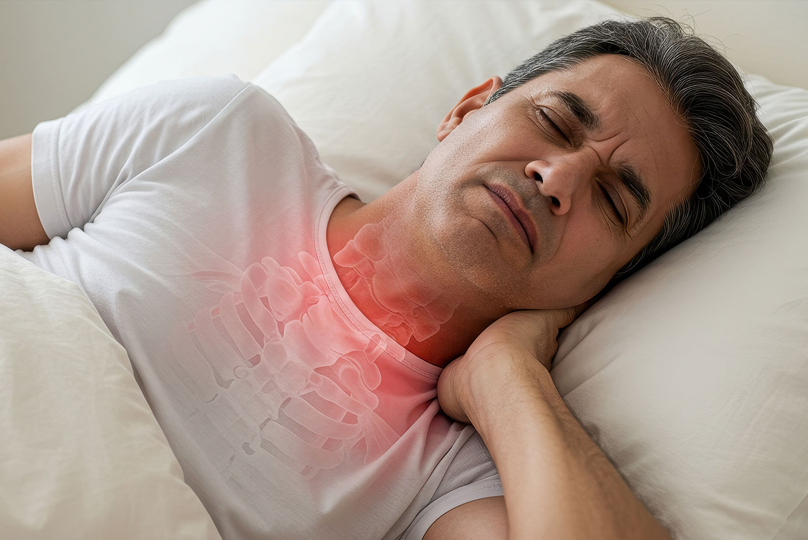 Middle Aged Man Experiencing Neck Pain While Sleeping In Bed