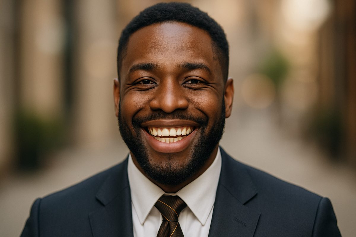 Close up image of a smiling man with a gold tooth in the front of his mouth. He is well dressed and the background is blurred. No text on the image.