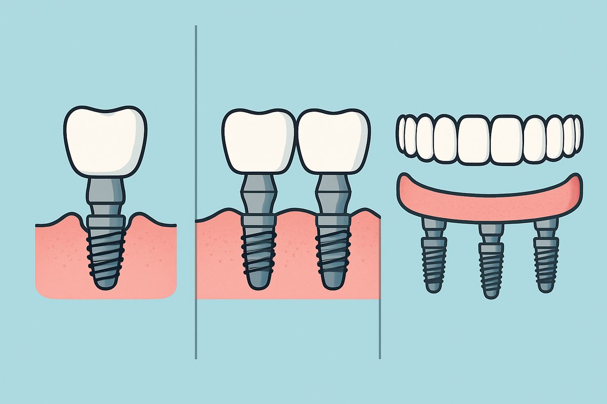Image showcasing a diverse selection of dental implant options, including a single-tooth implant, an implant-supported bridge, and an All-on-4 full arch system, displayed side by side for comparison. The image should have an infographic style. No text on image.