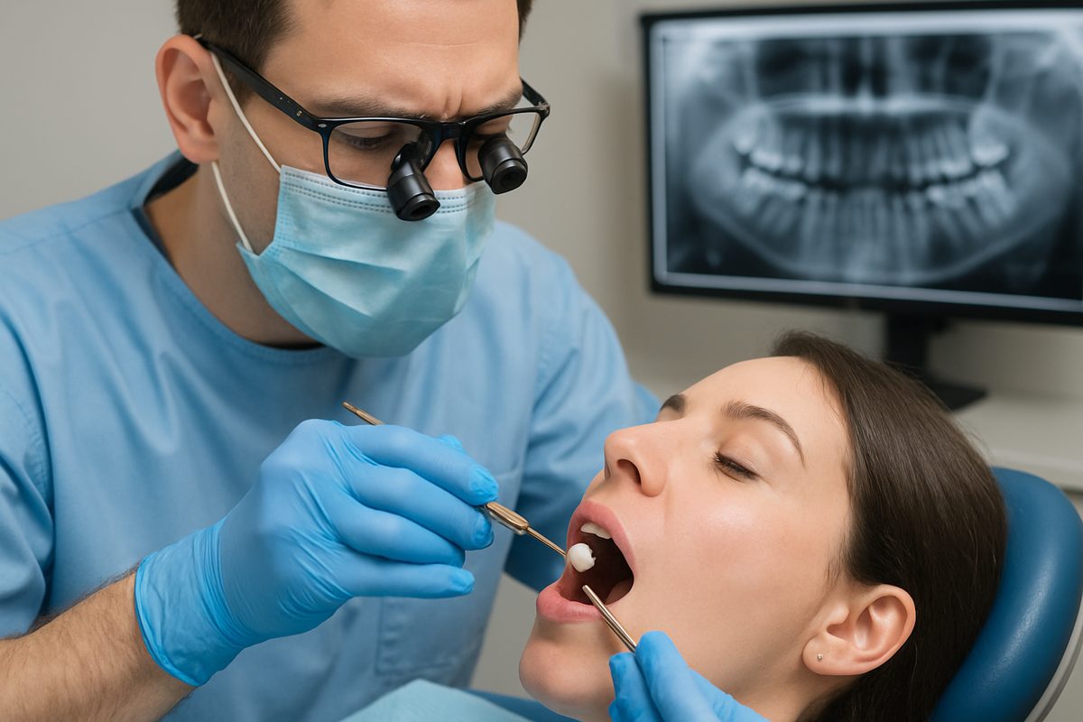 Image depicting a dentist performing the procedure for crowning a tooth on a patient, using dental instruments to carefully fit the crown, with a digital x-ray visible in the background. No text on image.
