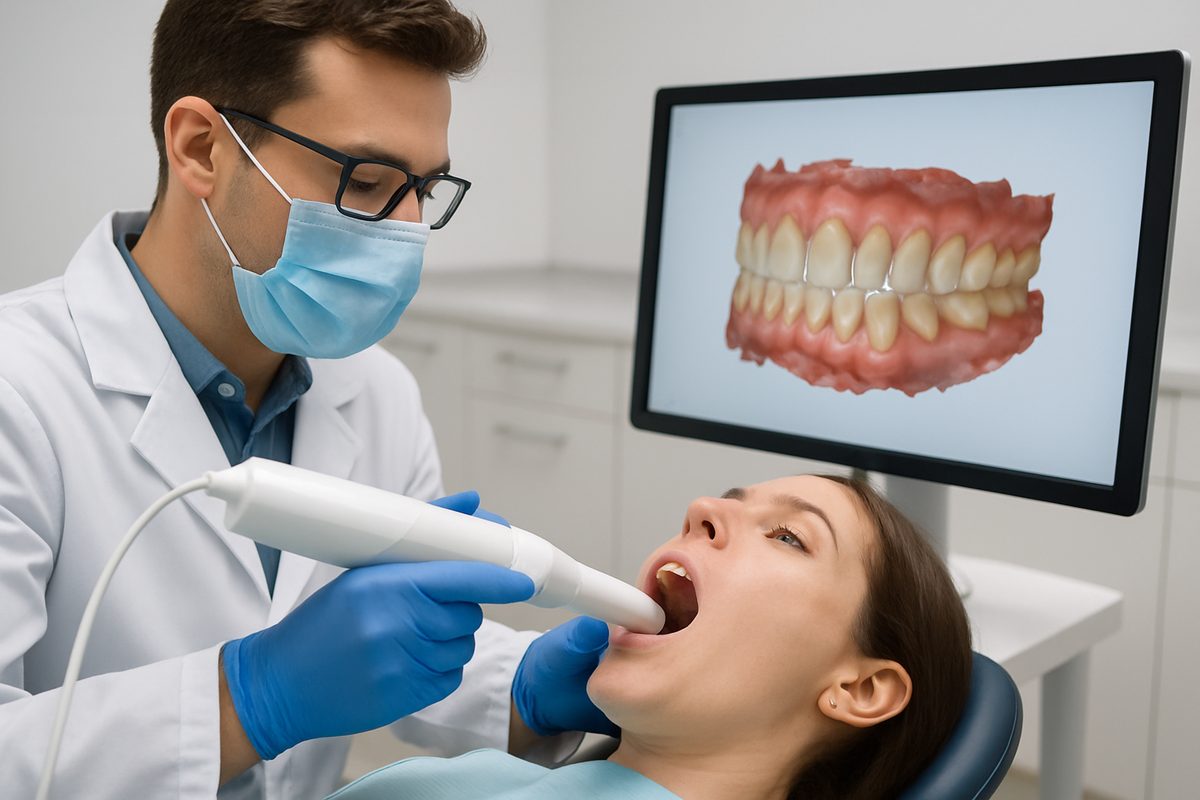 A dentist is using a digital scanner on a patient's teeth, with a computer screen displaying a 3D model of the mouth. The image conveys precision and advanced technology in modern dentistry. No text on image.