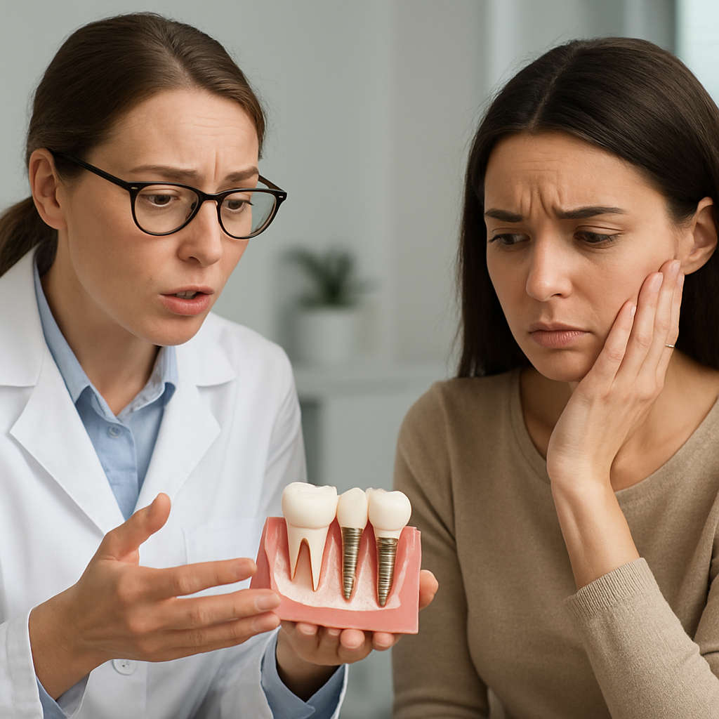 Image of a dentist explaining potential tooth implant dangers to a concerned patient, using a model of a jaw with implants. Focus on clear communication and patient education. No text on image.