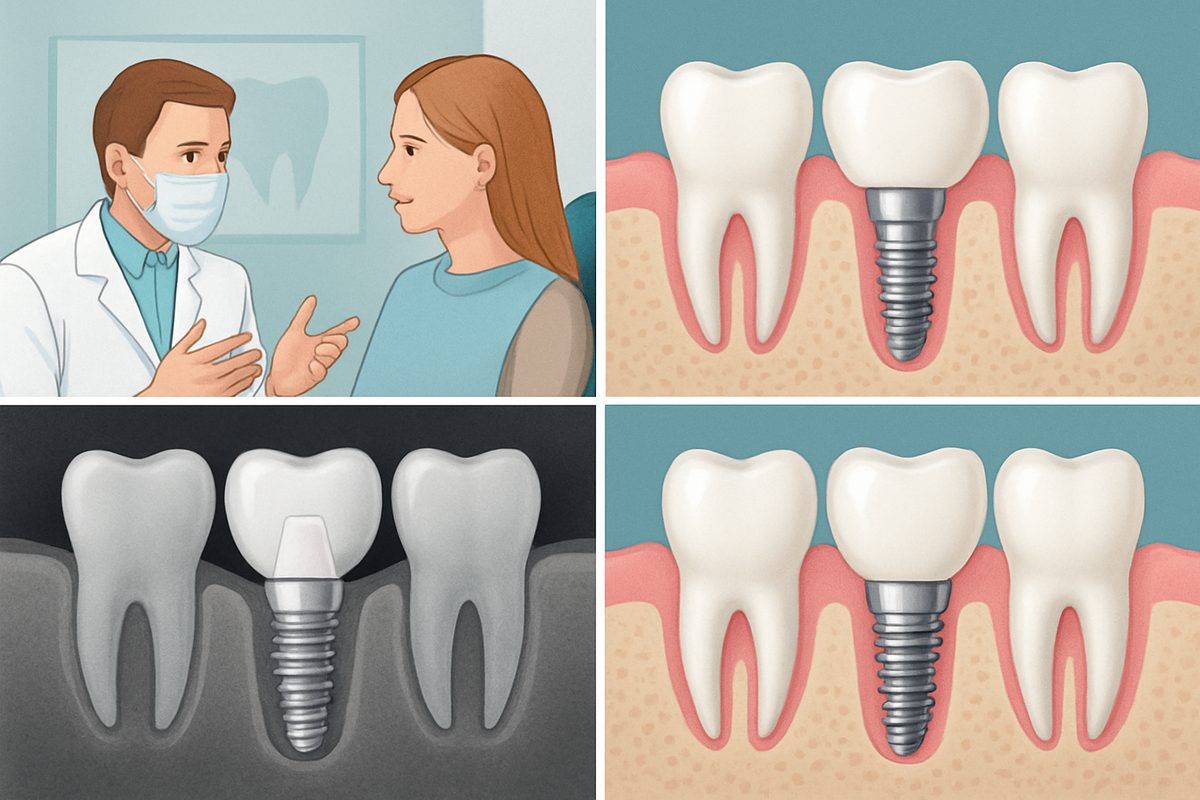 Image showcasing the key stages of a dental implant procedure, from initial consultation and implant placement to abutment attachment and final crown fitting. Include an x-ray that shows the dental implant integrated into the jawbone. No text on the image.