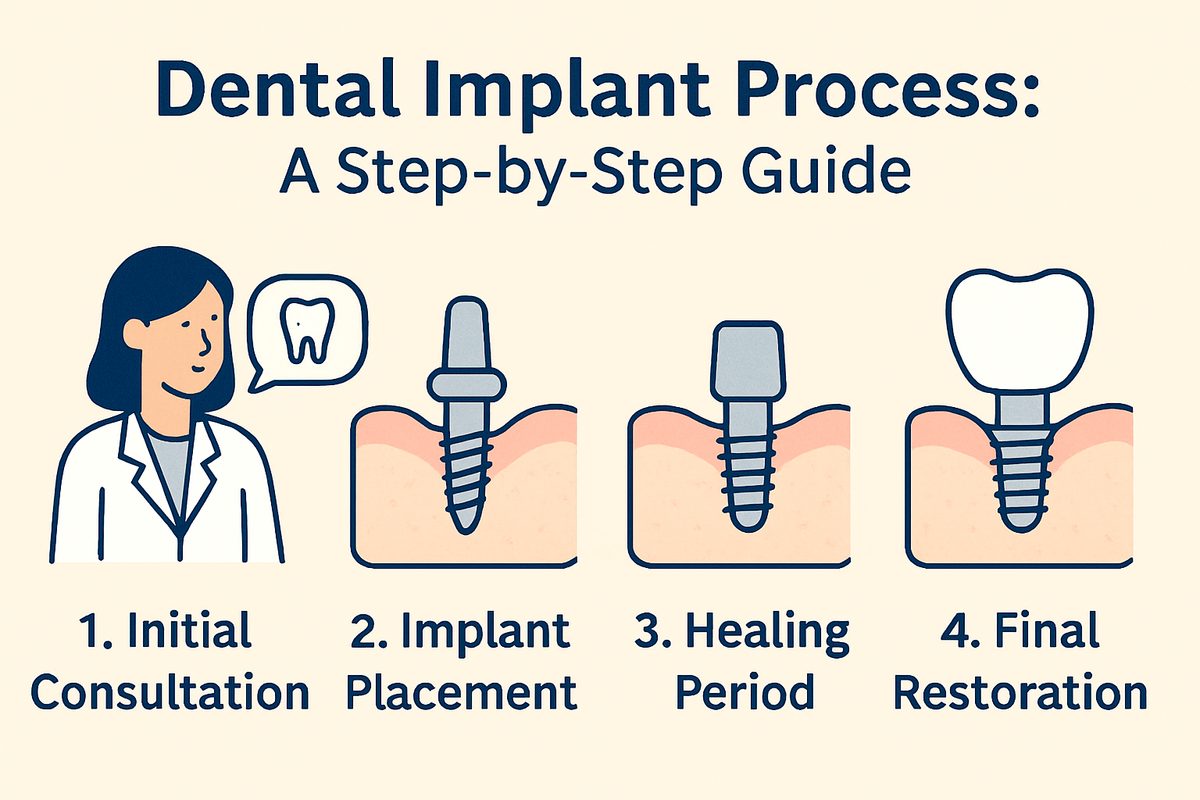 An infographic breaking down the dental implant process step by step, from initial consultation to final restoration. The infographic should use simple language and visuals to explain each stage. Text on the image says "Dental Implant Process: A Step-by-Step Guide".