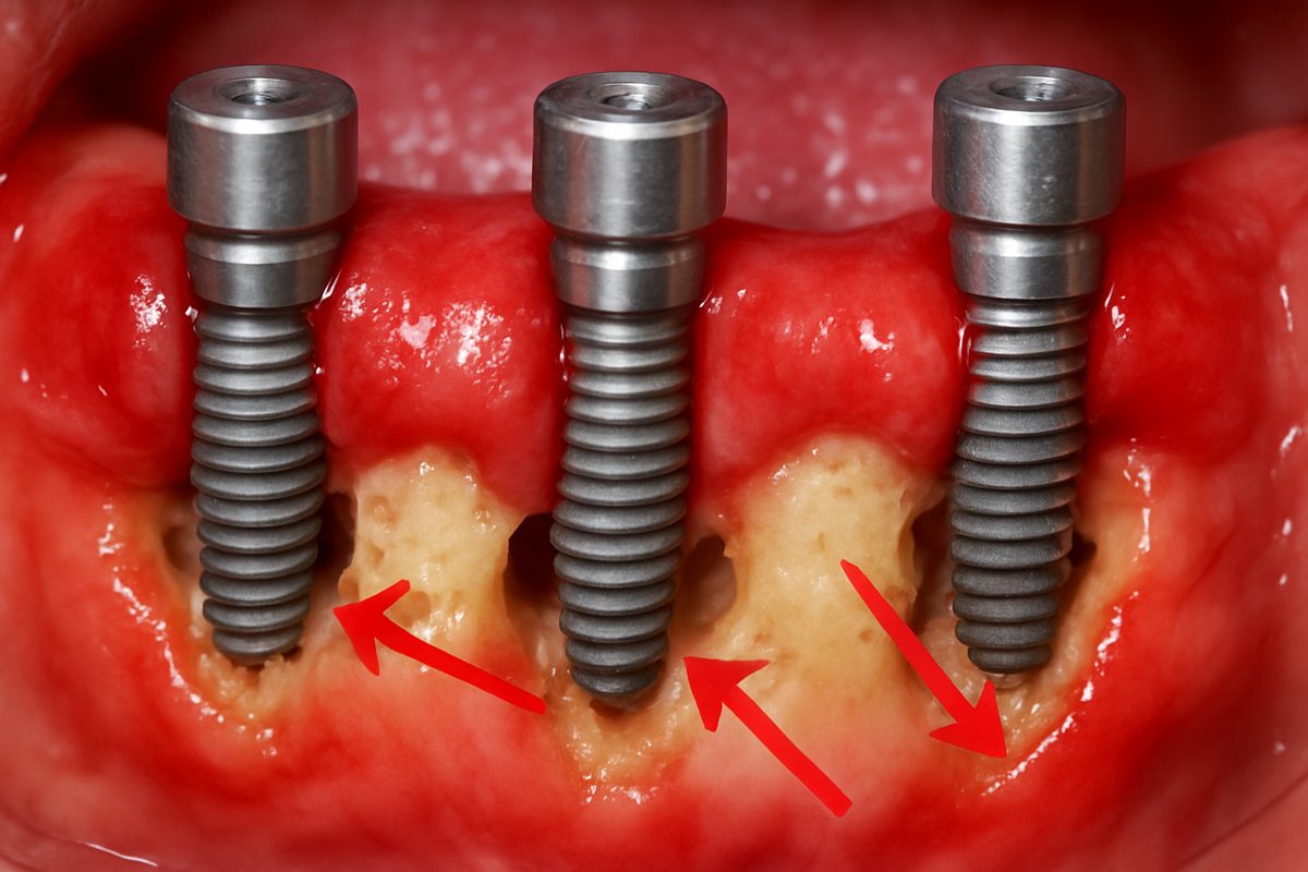 Photo of dental implants surrounded by inflamed gums with visible bone loss. Red arrows point to areas of concern, highlighting potential complications. No text on the image.