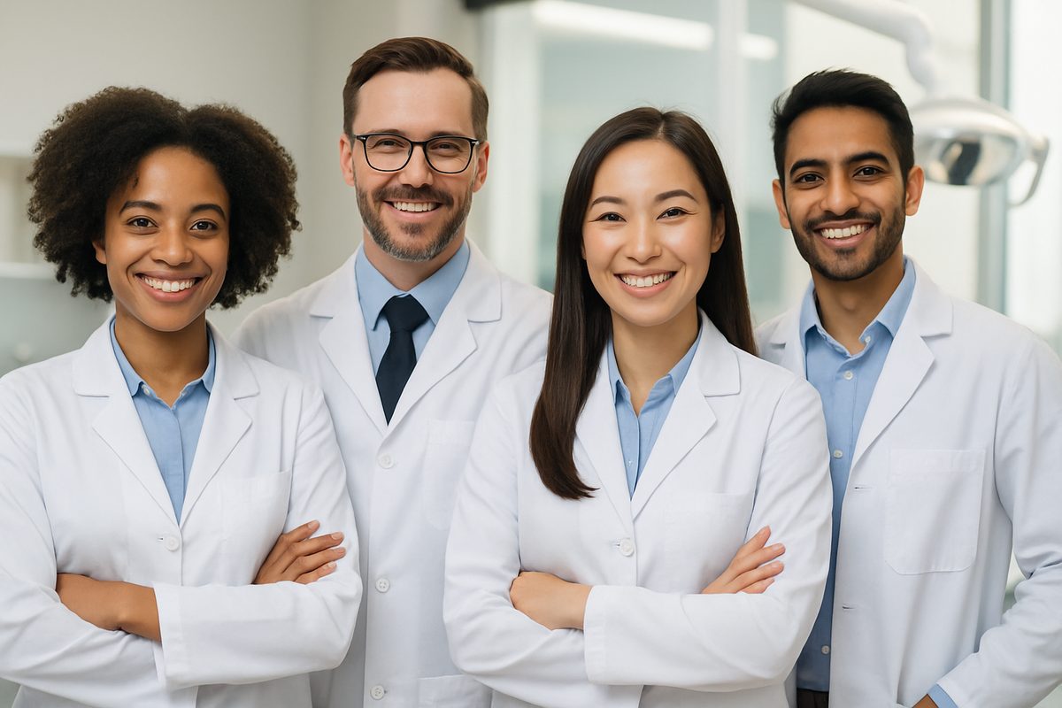A diverse group of dentists, both male and female, standing shoulder-to-shoulder smiling confidently. They are wearing professional attire. The background is a blurred dental office setting, with modern equipment visible. No text on image.