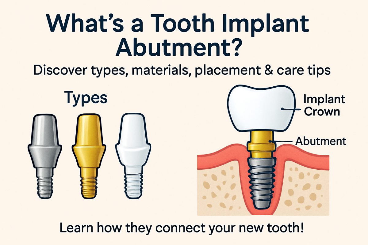 Close up shot of a dentist holding a tooth implant abutment. The abutment is metallic and small, with a screw thread visible. The dentist is wearing gloves, and the background is a blurred dental office setting. No text on image.