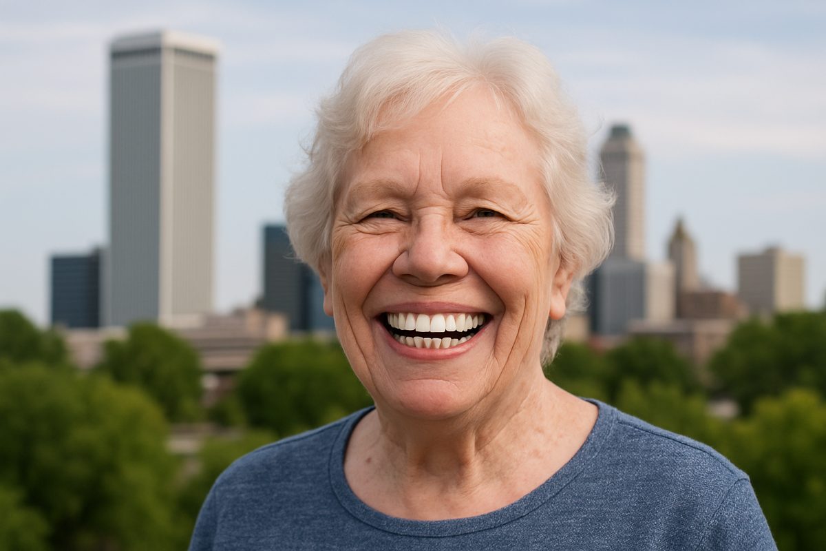 Image of a smiling senior woman in Tulsa, OK, showing off her new full mouth dental implants, with the Tulsa skyline subtly in the background. No text on the image.
