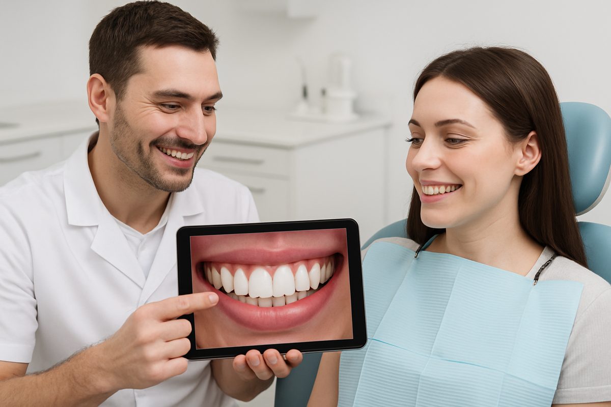 A dentist is showing a patient a digital mockup of a smile makeover, highlighting the potential improvements to the appearance of their teeth. No text on the image.