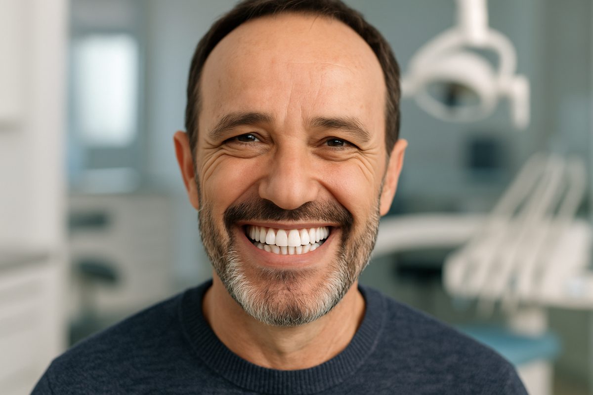 A person is smiling, revealing a full set of perfectly aligned and natural-looking full mouth dental implants. The background is blurred, but suggests a modern dental office setting. No text on image.
