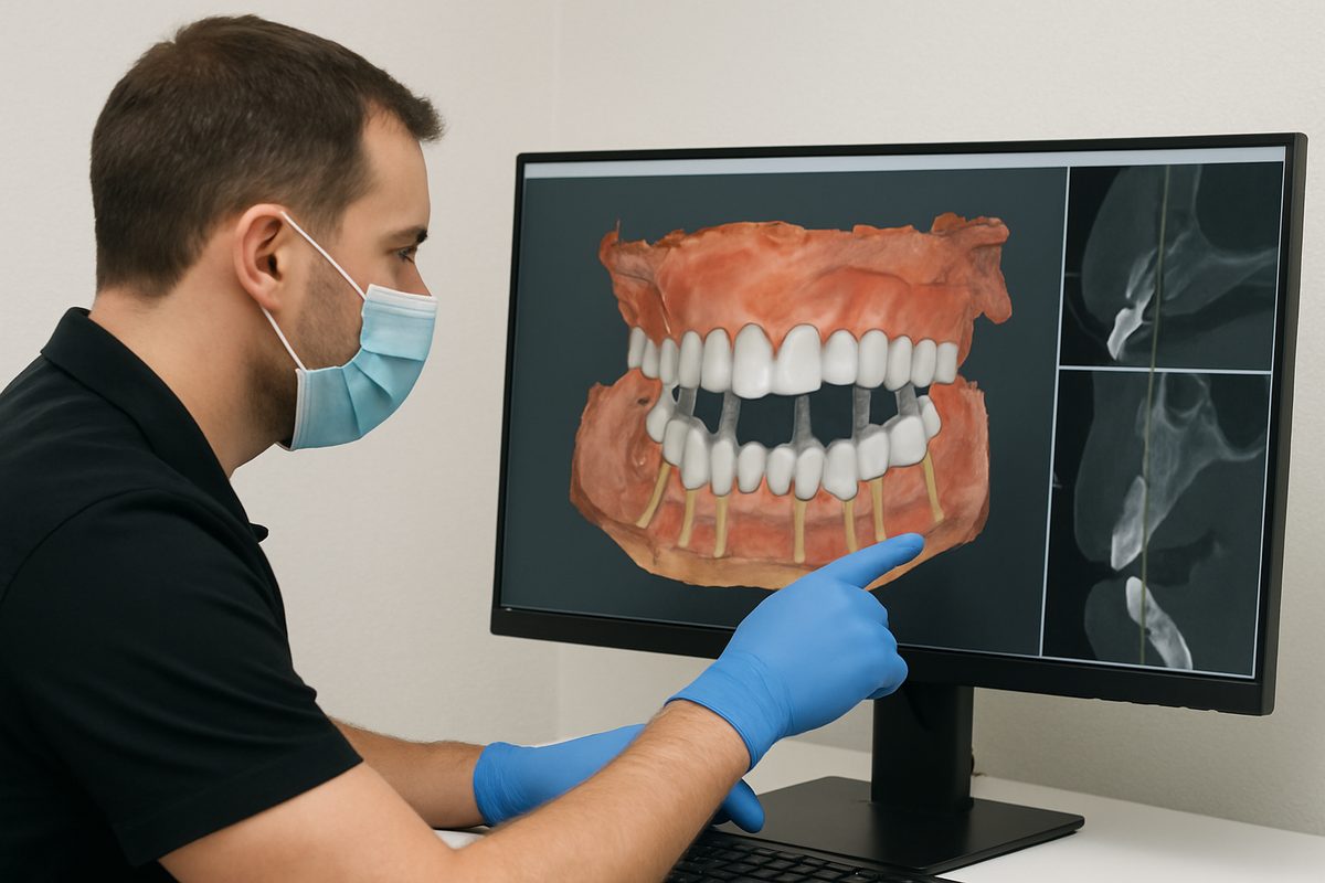 A dentist is using digital scans of a patient's mouth to plan full mouth dental implants. No text on the image.