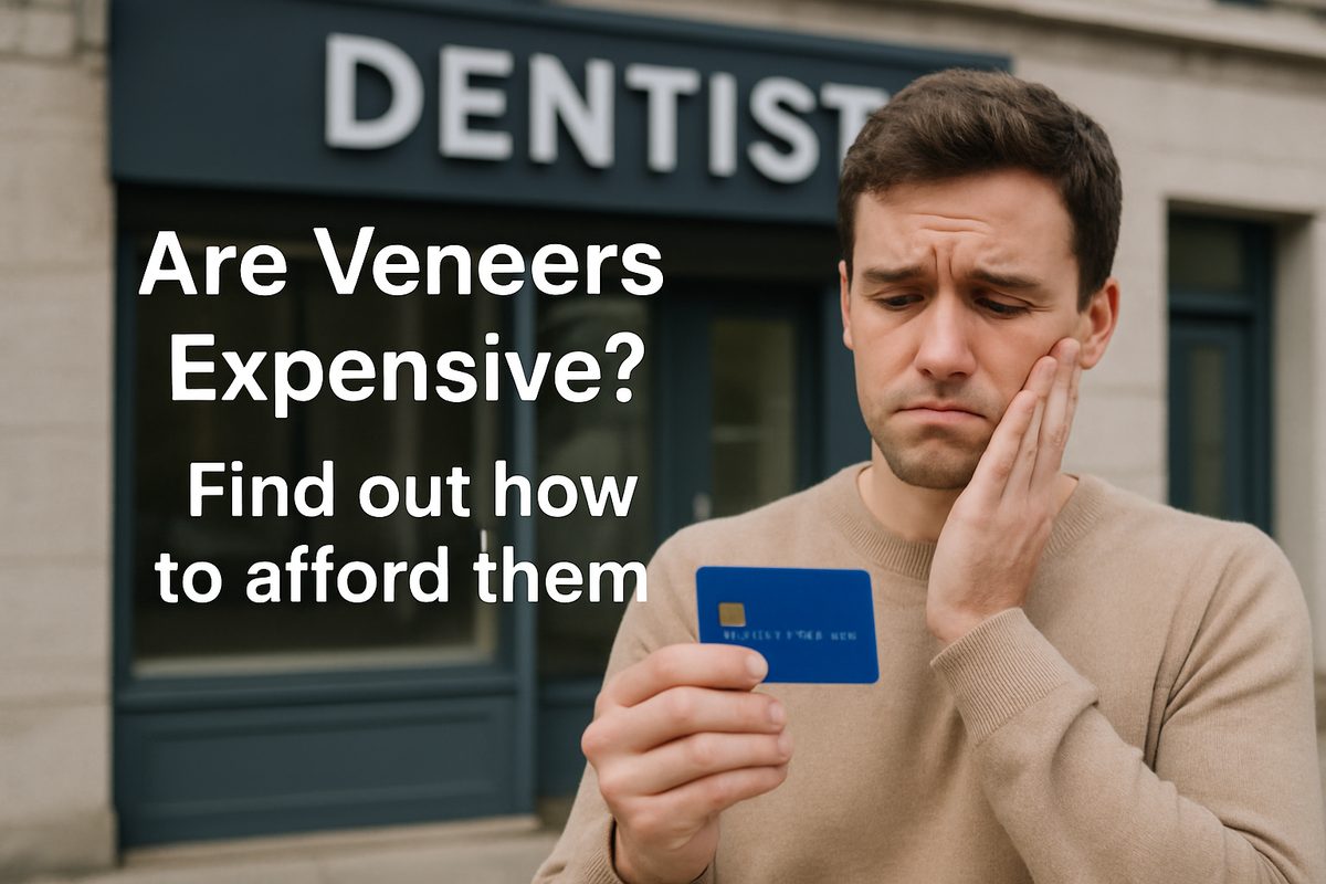 A person is holding a credit card, looking sad in front of a dentist office. Text overlay reads, "Are Veneers Expensive? Find out how to afford them."