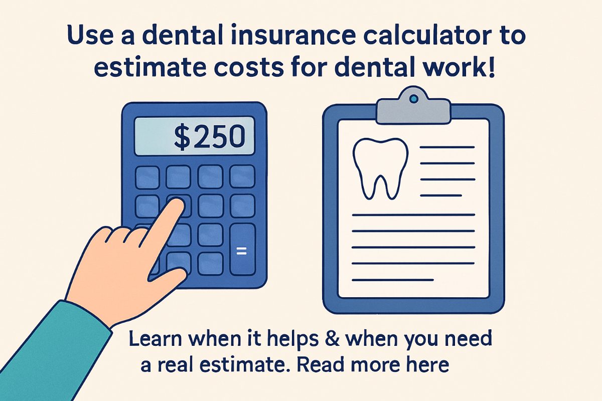 A split panel showcasing a person happily using a dental insurance calculator on a laptop alongside a friendly dental staff member providing a detailed, personalized cost estimate. No text on the image.