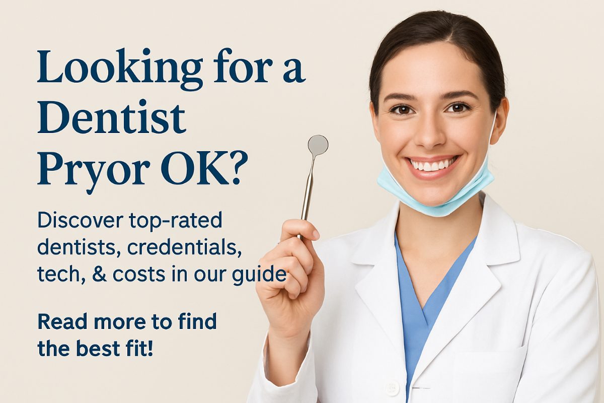 A friendly dentist smiling and shaking hands with a new patient in Pryor, OK. The text on the image says "Find Your Dentist in Pryor, OK."