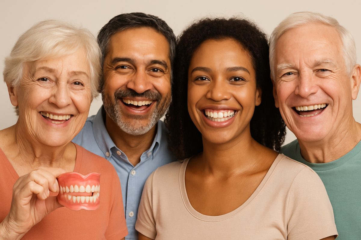 A diverse group of people smiling, showcasing various tooth replacement options: dentures, a dental bridge, and dental implants. No text on the image.
