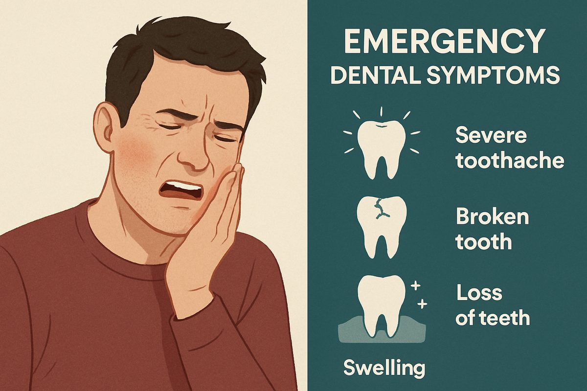 A person in obvious distress is holding their jaw with a pained expression, next to an infographic listing emergency dental symptoms. No text on image.