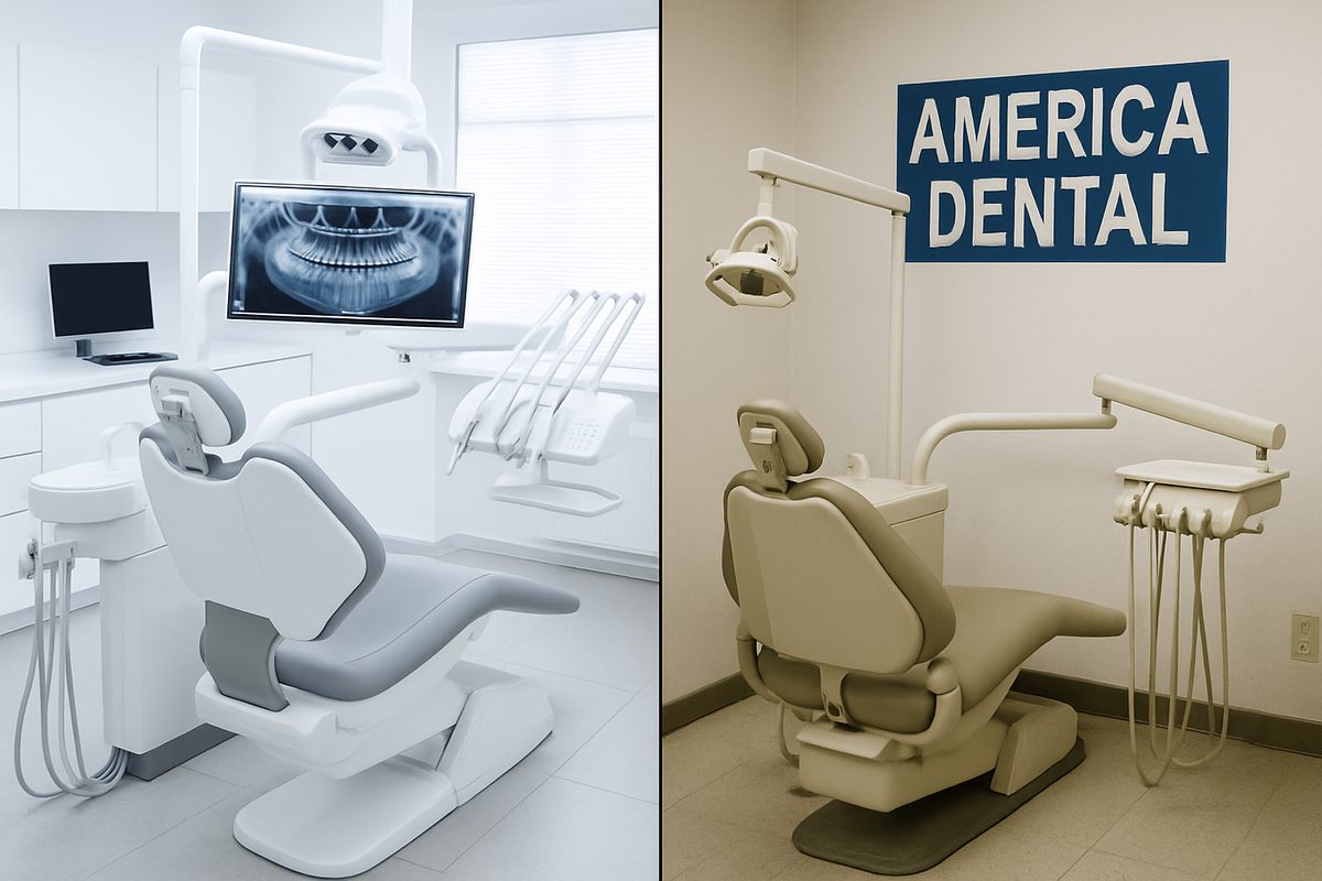 A split image comparing a modern, full-service dental practice with advanced technology on one side, contrasted with a basic, budget-focused "america dental" clinic on the other. No text on the image.