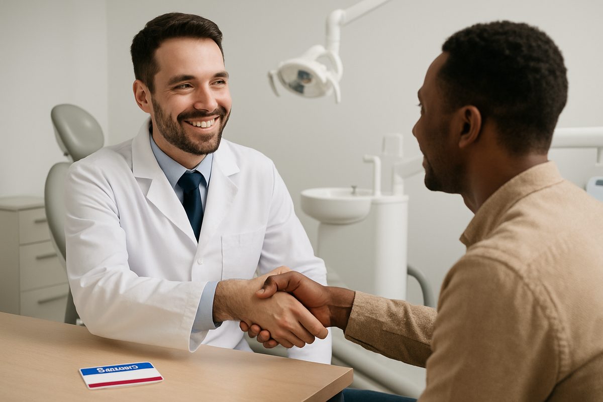A friendly dentist smiling and shaking hands with a new patient while a Medicaid card is visible on the desk. No text on the image.