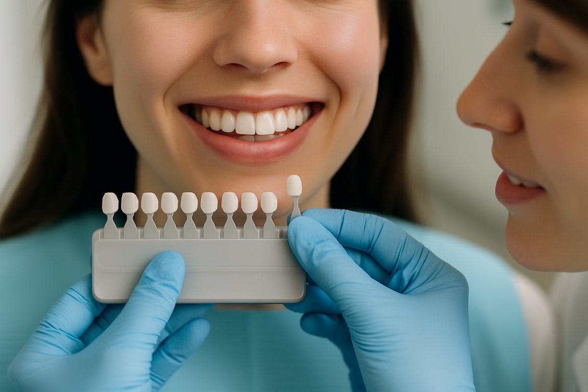 Close up image of a dentist holding a set of porcelain veneers over a patient's teeth, with the patient smiling in the background. No text on image.
