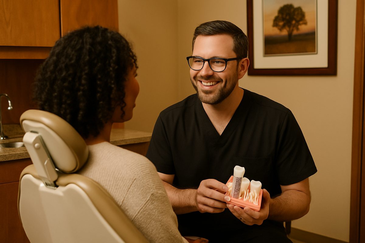 A warm, inviting dental office setting with a dentist in Oklahoma smiling and consulting with a patient about dental implant options. No text on image.