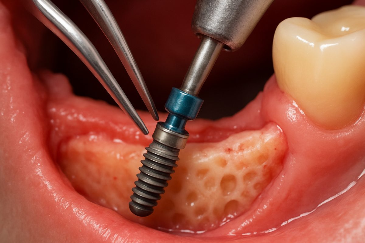 Close up image of a dental implant being placed into a human jawbone with surgical instruments. No text on image.