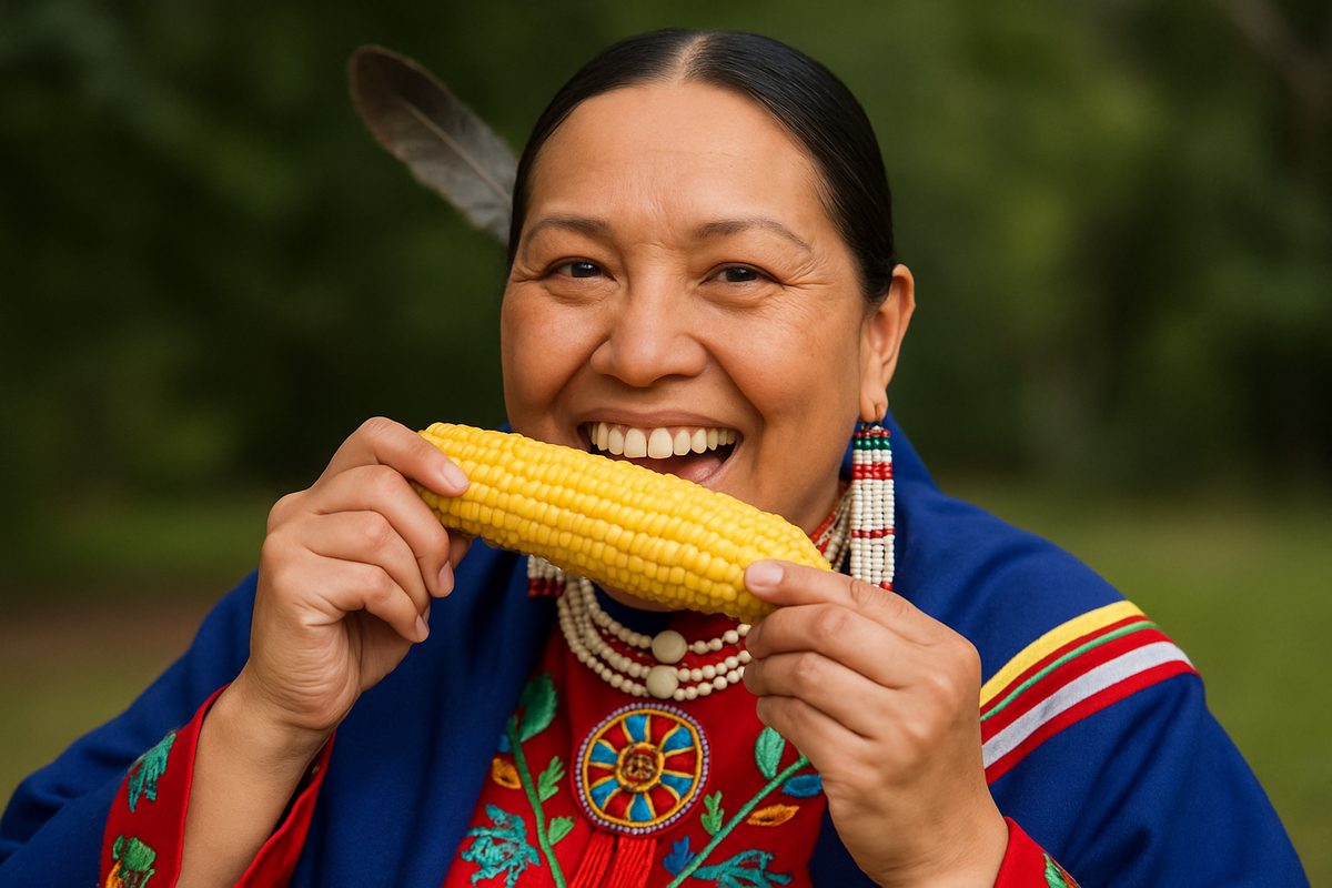 Image of a smiling Osage woman in traditional dress, confidently eating corn on the cob, showcasing the benefits of dental implants. No text on the image.