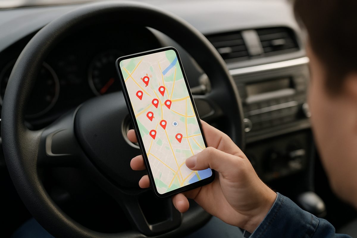 A person searches on their phone "dentaquest providers near me" while sitting in their car. The map app shows several nearby dental offices. No text on the image.