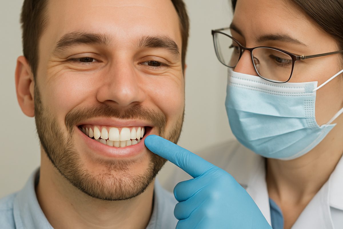 Image of a dentist or periodontist pointing to the gums of a patient, indicating the area where crown lengthening surgery was performed. The gums appear healthy and well-healed, with no signs of inflammation or redness.