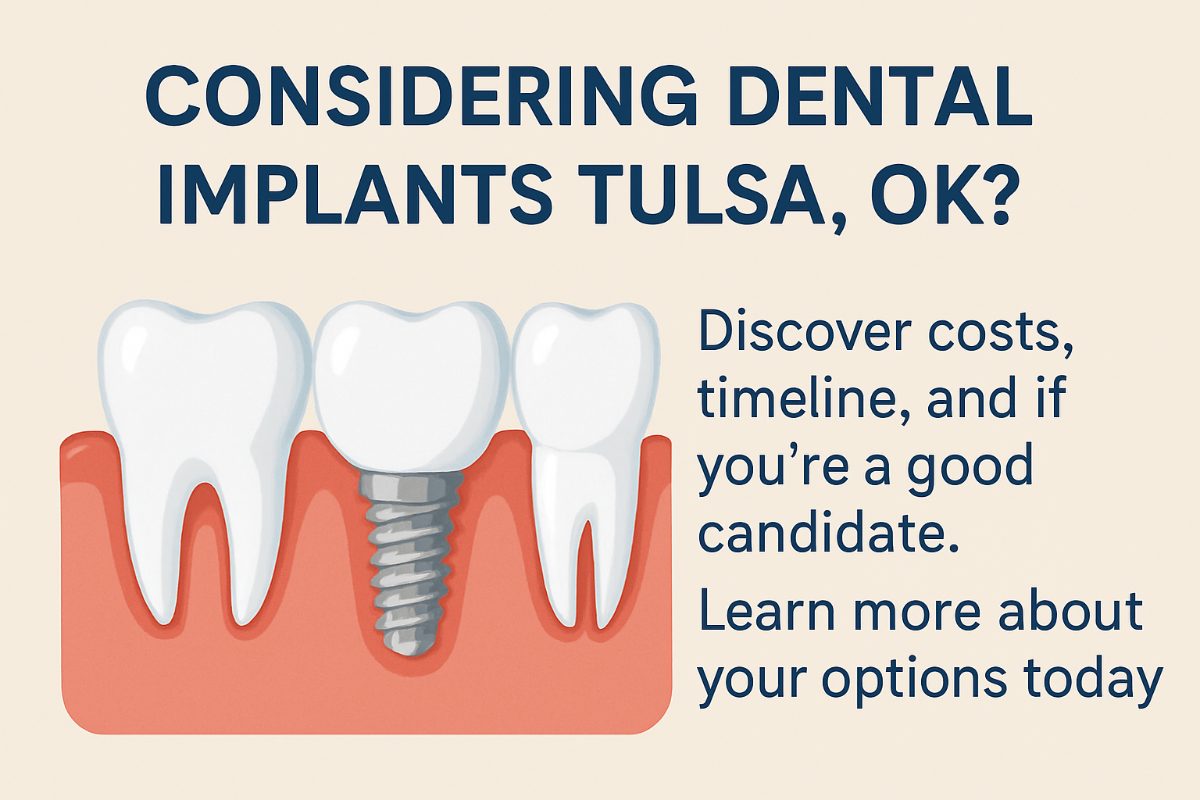 A dentist is pointing to a dental implant on a model of a jaw, with a consultation in the background. Text on image "Dental Implants: Are They Right For You?"