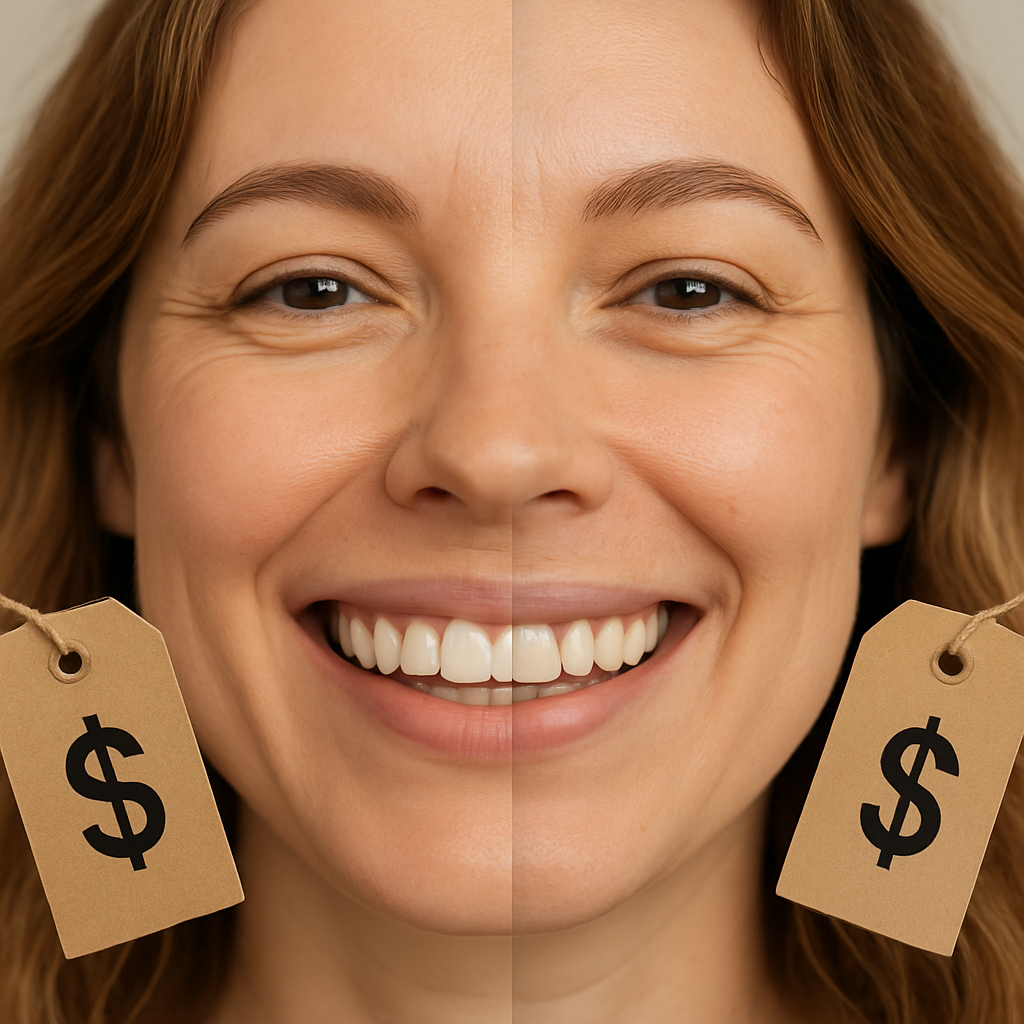 Close up of a smiling woman, comparing two different sets of veneers; one set is a brighter, porcelain look, while the other set is a cheaper, temporary material, with a visible price tag laying next to each set of teeth. No text on image.