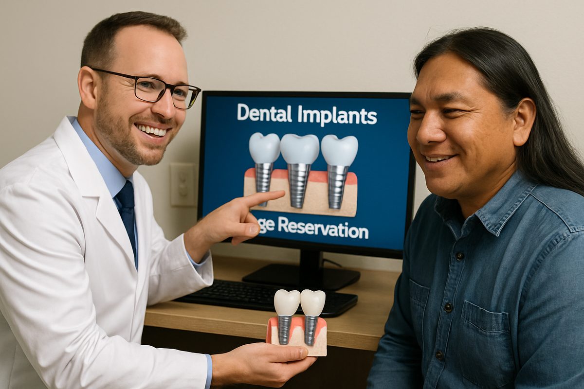 Photo of a dentist smiling while consulting with a Native American patient. The dentist is pointing to a 3D model of dental implants on a computer screen. The text on the screen says "Dental Implants Osage Reservation".