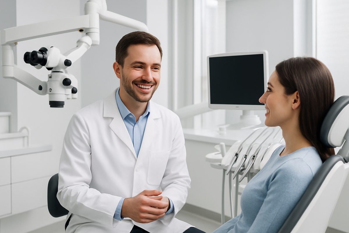 A clean and modern dental office interior, with a dentist in a white coat smiling and consulting with a patient, showcasing advanced dental equipment. No text on the image.
