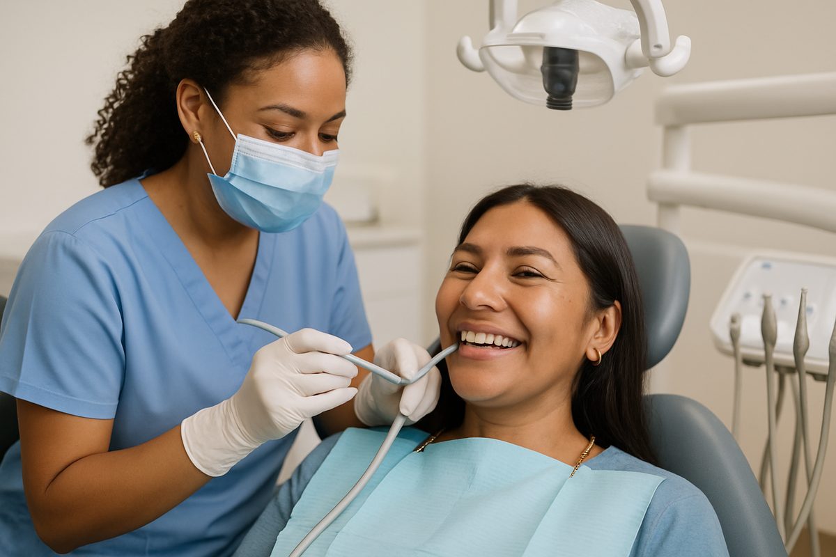 A smiling Native American woman in a dental chair receiving a routine teeth cleaning from a friendly, diverse dental hygienist, showcasing modern dental equipment. No text on image.