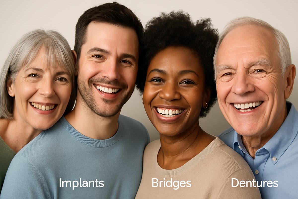 A diverse group of people smiling, showcasing different dental replacement options: implants, bridges, and dentures. The image should convey confidence and restored oral health. No text on the image.