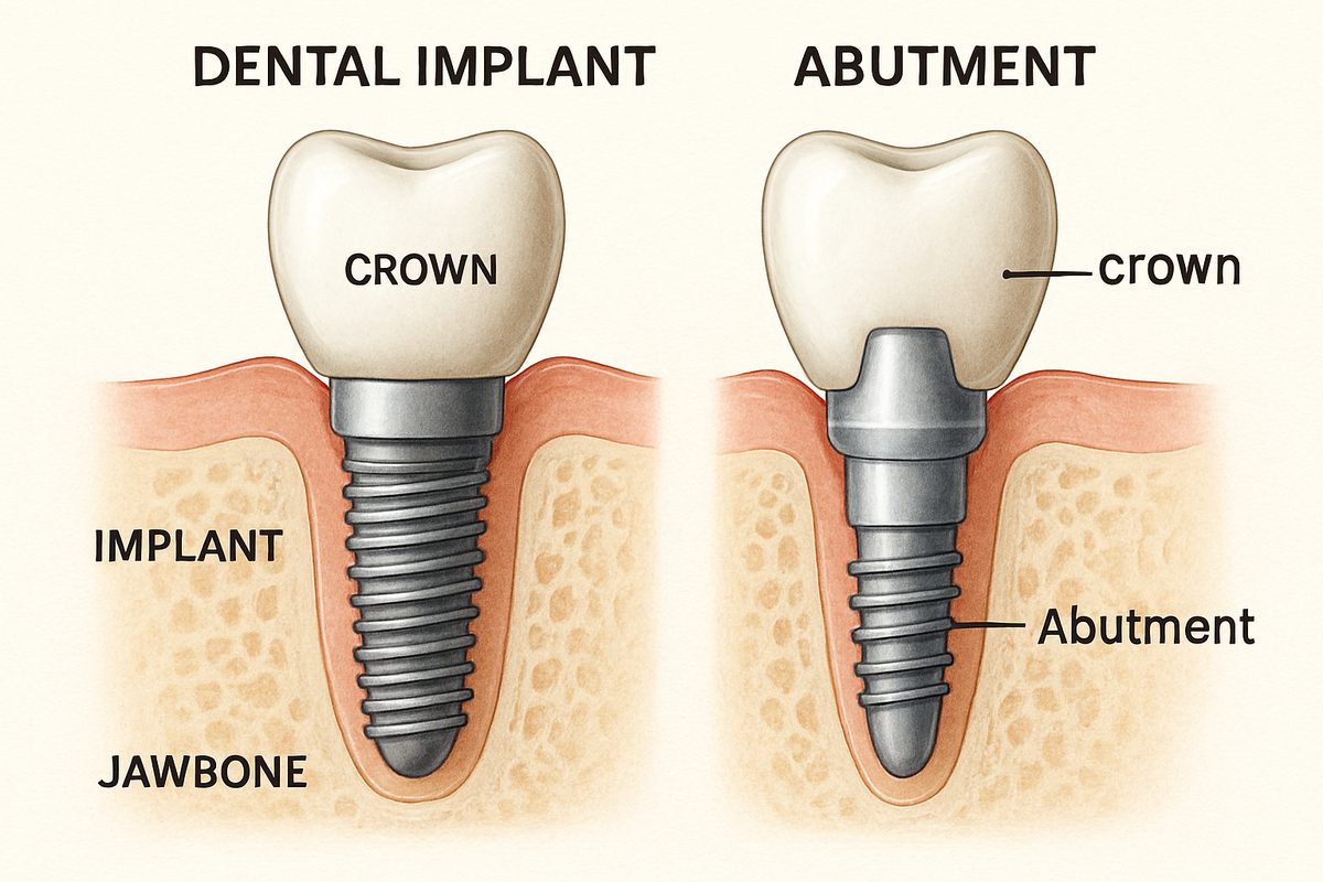 Close-up anatomical rendering showcasing the differences between a dental implant and an abutment, clearly labeling each component and its position relative to the jawbone and crown.
