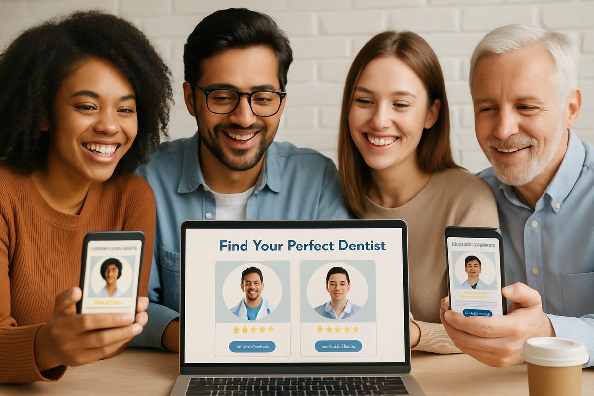 A diverse group of people looking at a dentist comparison website on their phones and laptops, smiling, with the words "Find Your Perfect Dentist" in a friendly font on the screen. No text on the image.