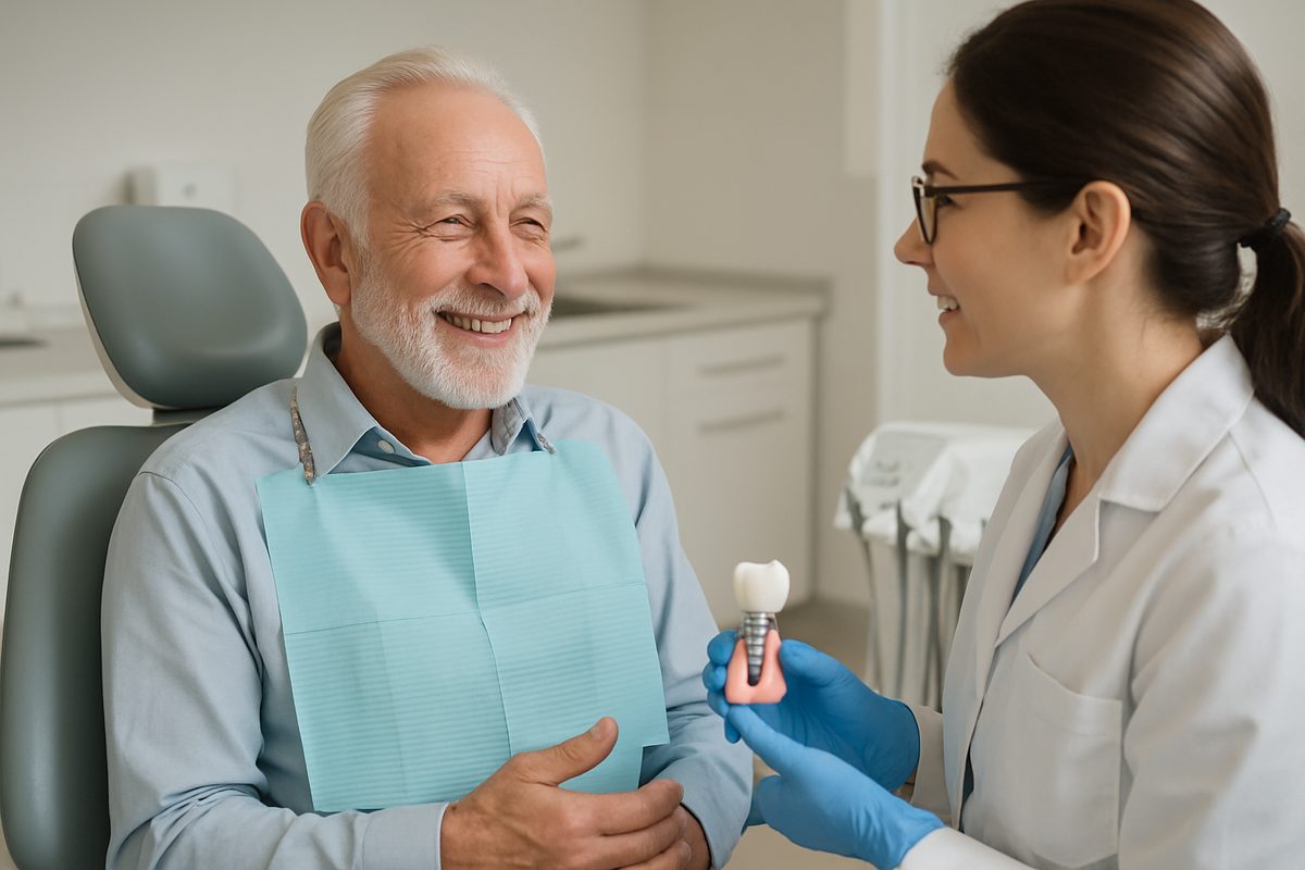 A smiling senior man is sitting in a dental chair speaking with a dentist about the cost and benefits of affordable dental implants. No text on the image.
