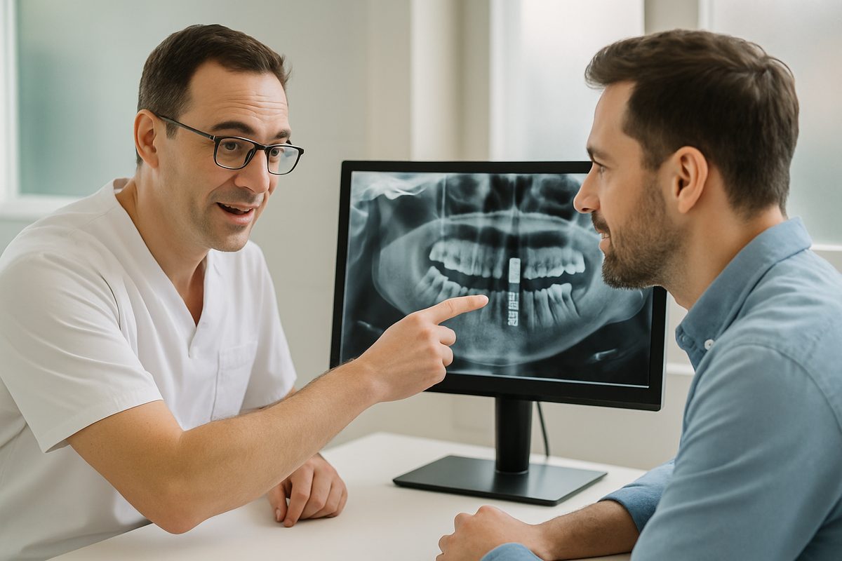 A dentist is consulting with a patient, pointing to a digital scan of their jawbone with an implant in place. The image conveys a sense of expertise and patient care. No text on the image.