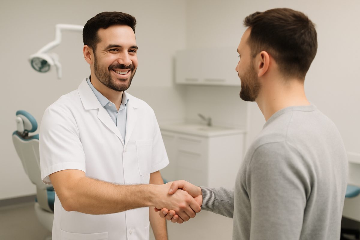 A friendly dentist is shaking hands with a new patient in a modern, clean dental office. The dentist is smiling and making eye contact, creating a welcoming atmosphere. No text on the image.