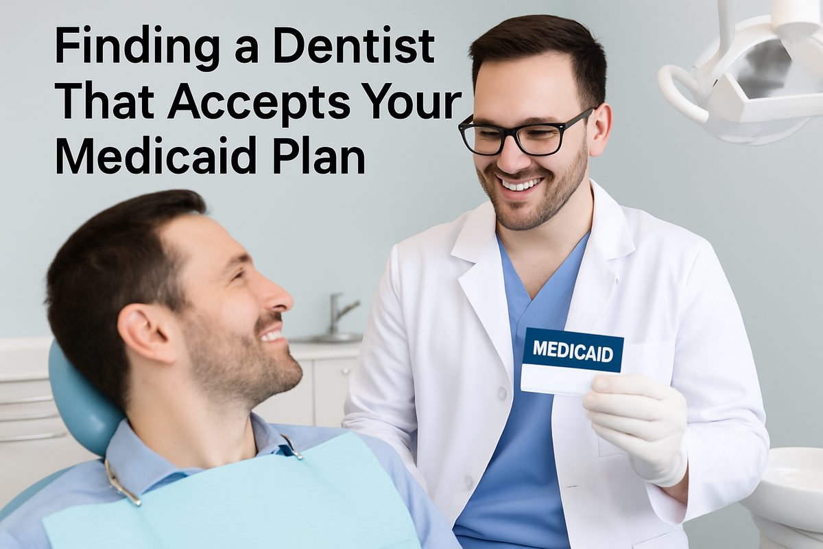 A friendly dentist smiles reassuringly at an adult patient in the dental chair, with a Medicaid card visible in the dentist's hand. The text says, "Finding a Dentist That Accepts Your Medicaid Plan."