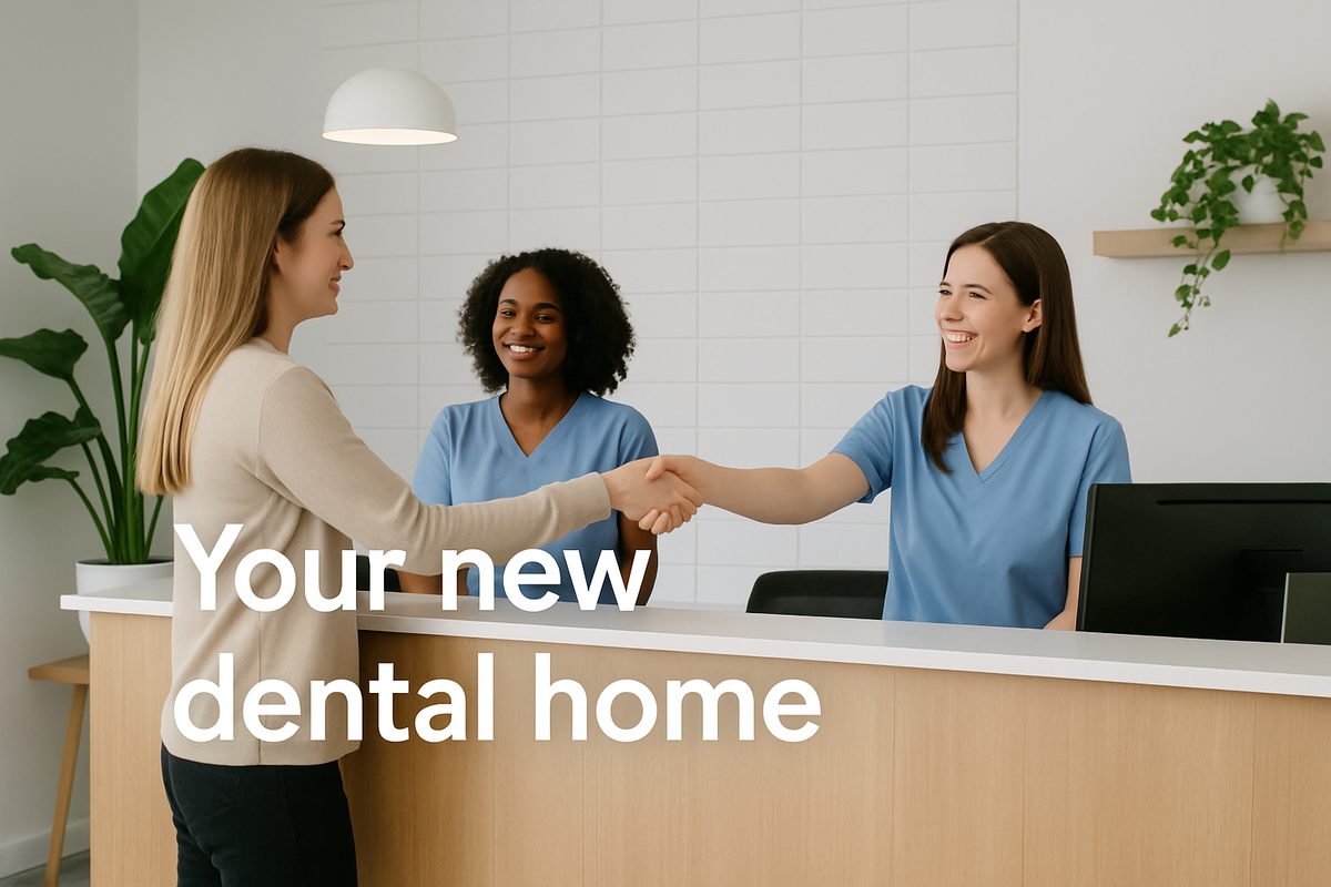 A modern dental office reception area with friendly staff greeting a patient. The environment is clean and inviting, reflecting a comfortable and professional atmosphere. Text on image reads "Your new dental home".