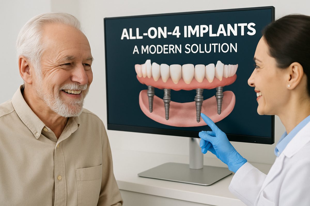 A smiling senior man is talking with a dentist, both looking at a digital display showing a planned All-on-4 dental implant procedure. The text overlay says: "All-On-4 Implants: A Modern Solution"