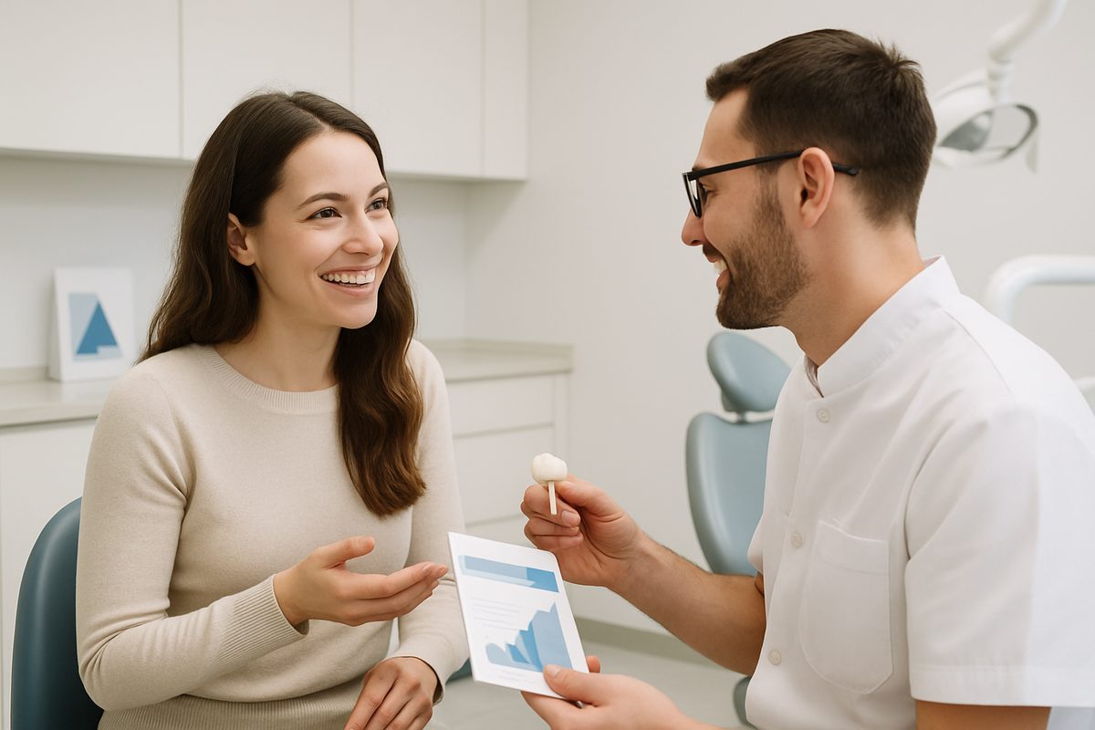 A smiling woman talking to a dentist in a modern dental office about the cost of dental crowns, with pamphlets about financing options visible. No text on image.