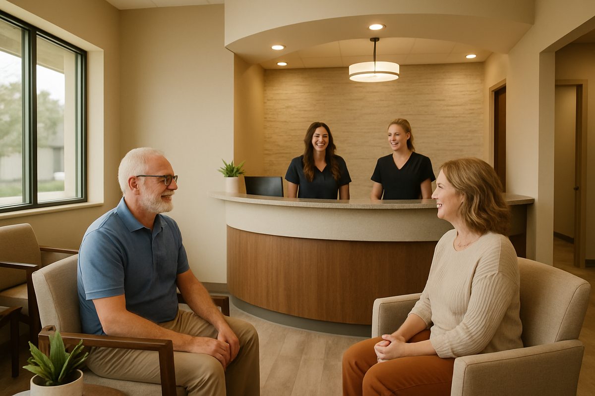 A warm and inviting dental office reception area in Bixby, OK, with comfortable seating and friendly staff members greeting patients. The image should convey a sense of trust, cleanliness, and modern care. No text on image.