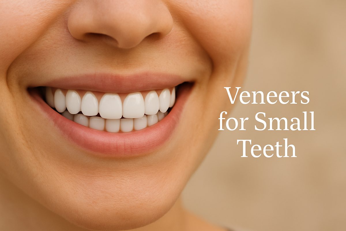 Close-up of a person smiling, showcasing perfectly shaped and aligned veneers on their small teeth. The background is blurred, emphasizing the smile, and the text "Veneers for Small Teeth" is tastefully displayed on the image.