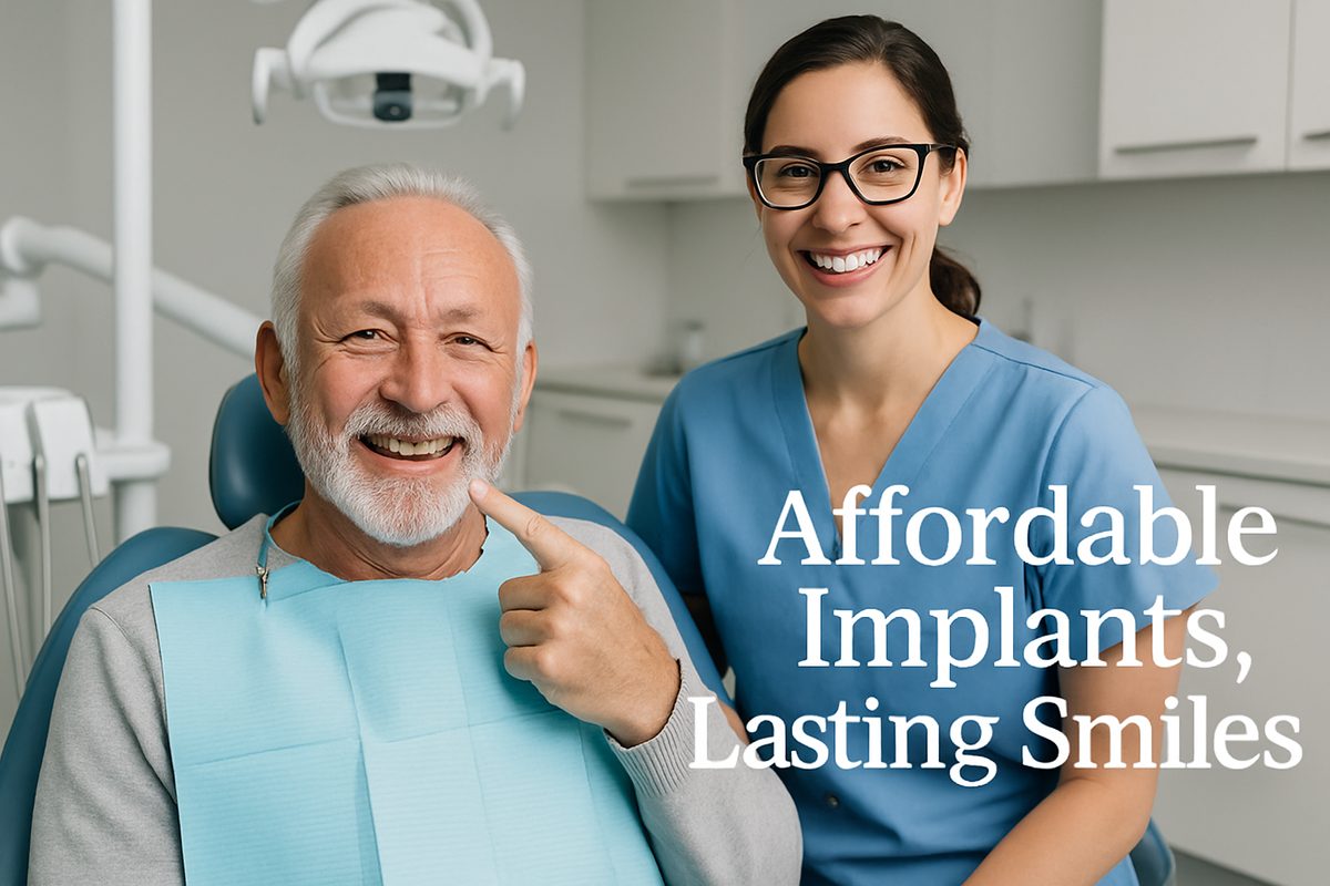 Photo of a smiling senior man in a dental chair, confidently pointing to his new dental implant, with the dentist smiling beside him. The environment of the dental office is modern and clean. "Affordable Implants, Lasting Smiles" is written on the image.