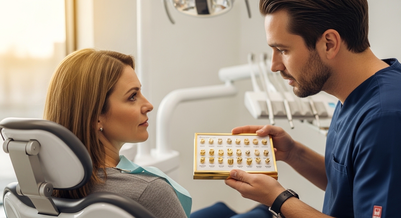 Dentist discussing gold tooth options with a patient in a modern office.