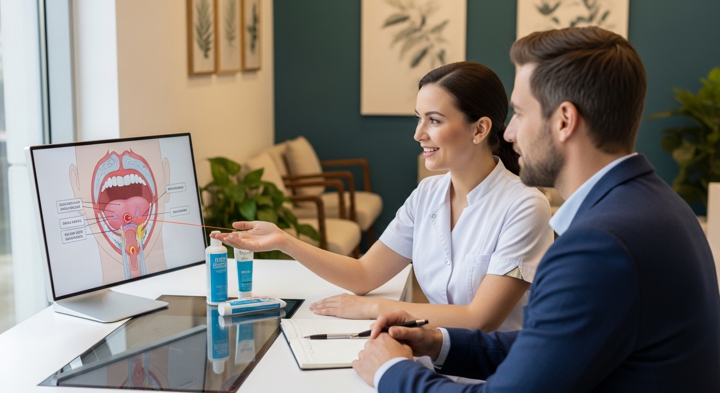 Dentist consulting a patient about bad breath in a modern dental office