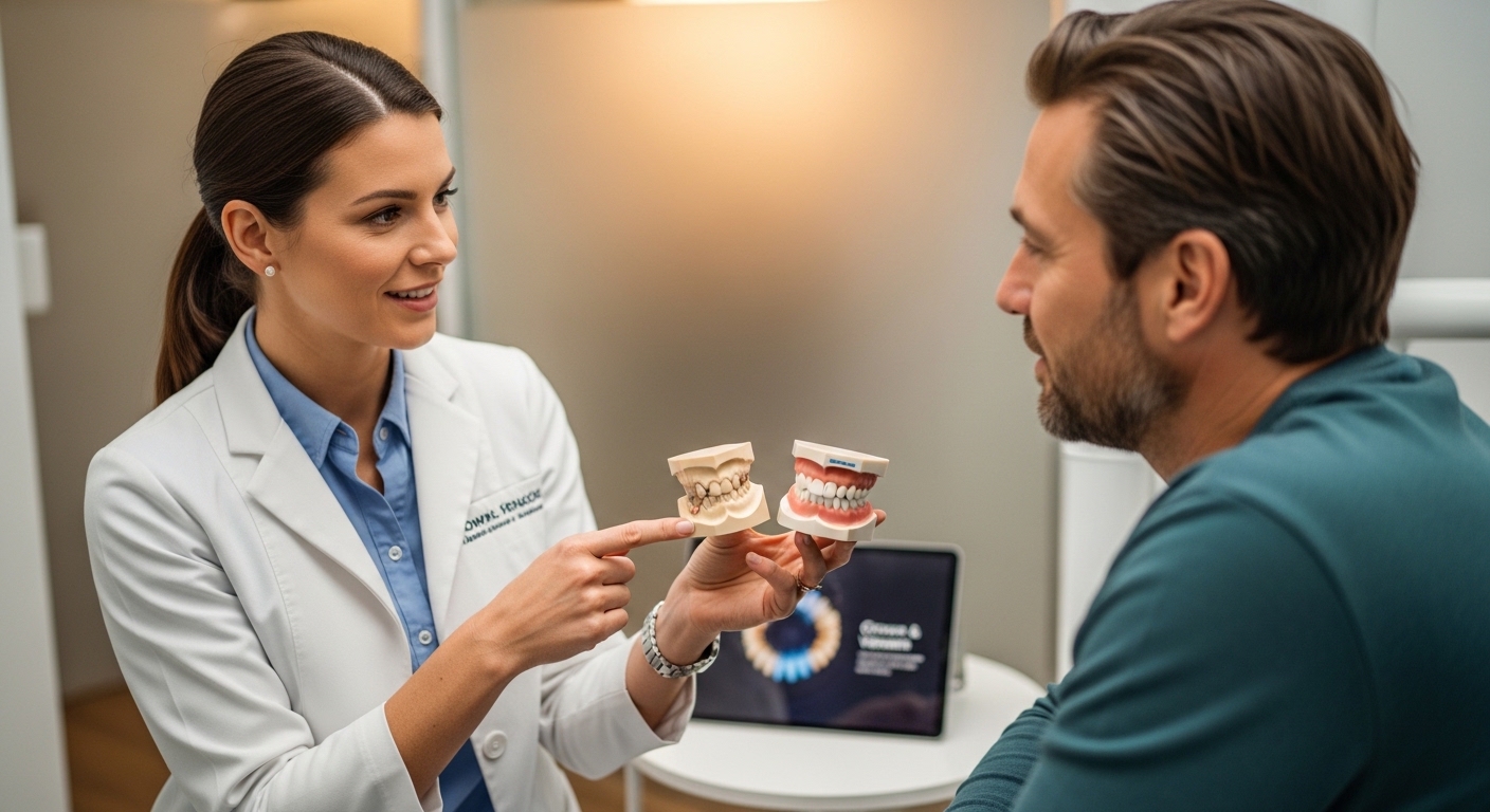 Dentist consulting with patient about crown vs veneer options