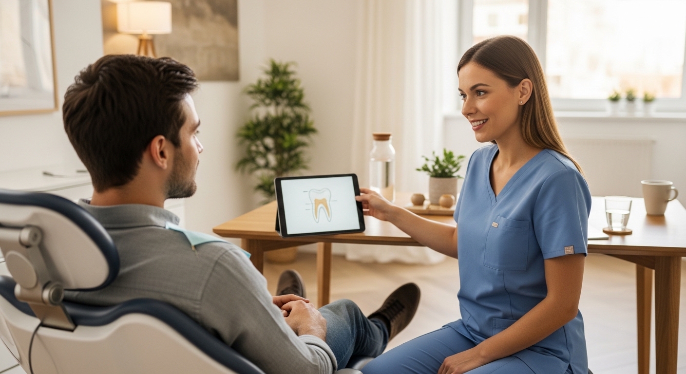 Patient consulting with a dentist at a modern dental office